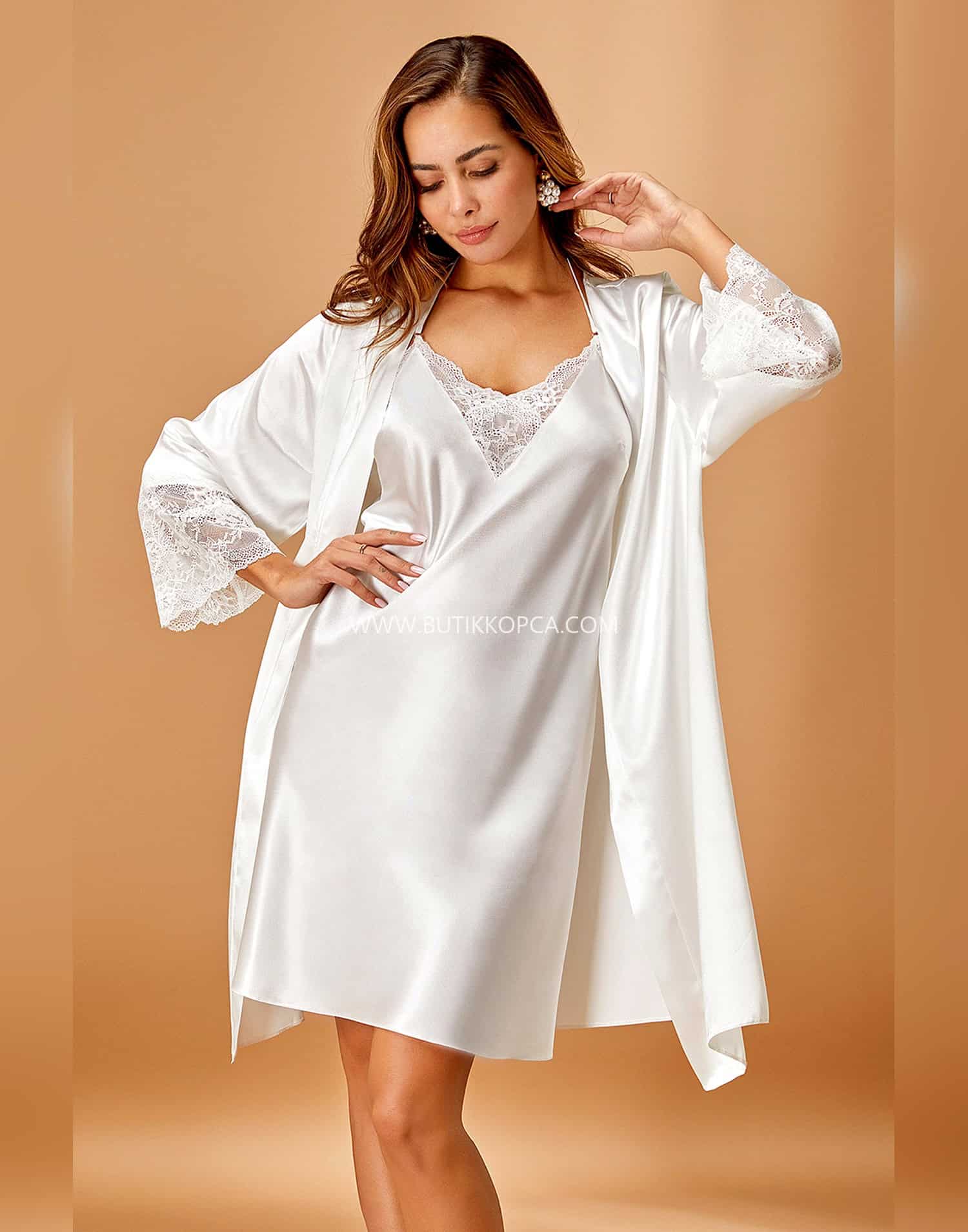Saten Kimono Gecelik Takımı Ekru