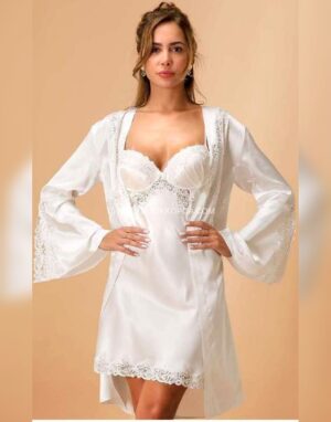 Dantel Kap Detaylı Kısa Saten Gecelik Kimono Takımı Ekru
