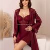 Dantel Yakalı Yırtmaçlı Saten Gecelik Kimono Takımı Bordo