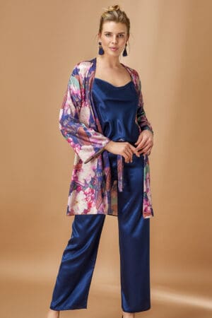 Desenli Kimono Saten Pijama Takımı Emprime