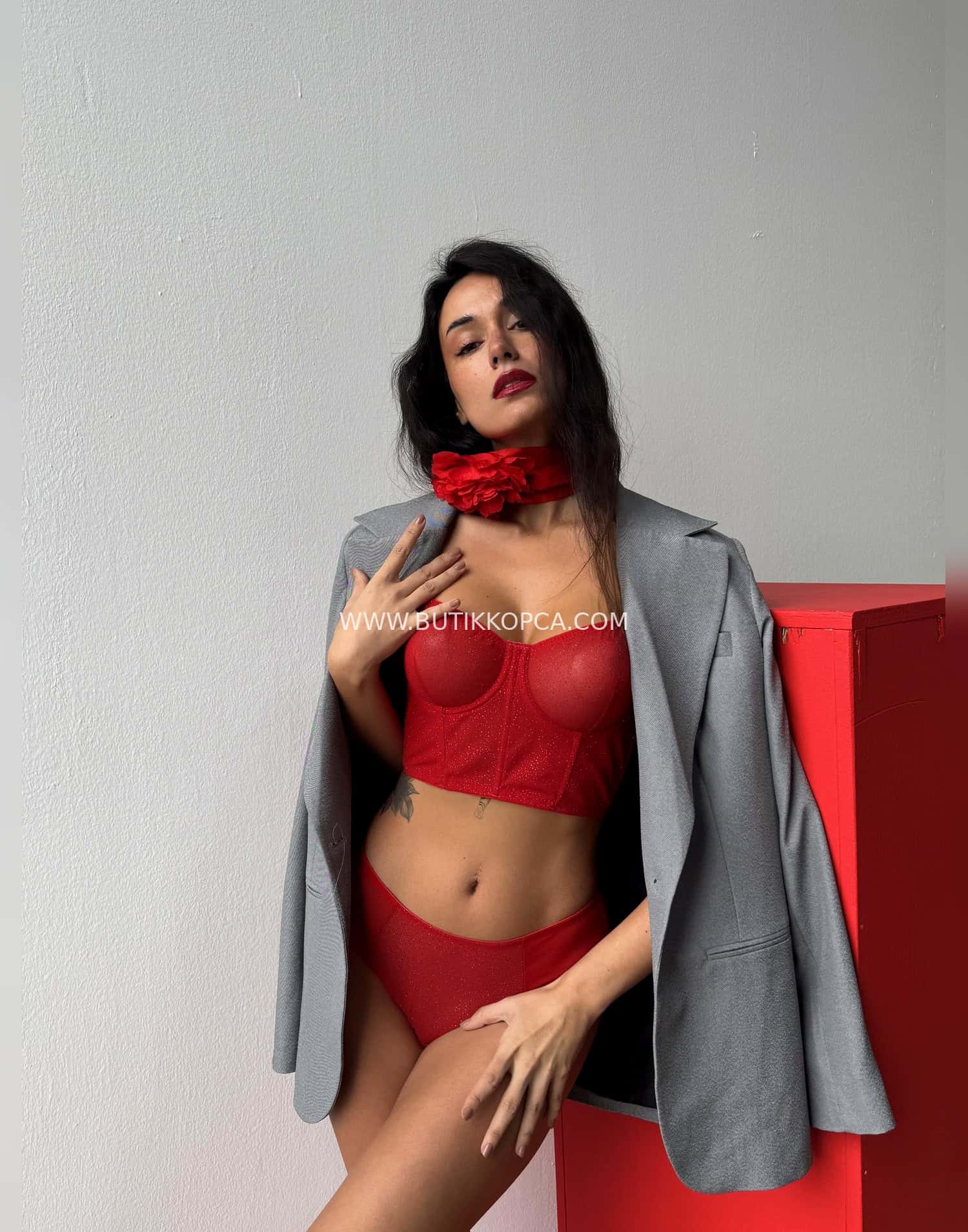 Simli Kapsız Sütyen Takımı Kırmızı - Görsel 6