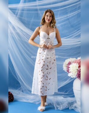 Balenli Gecelik Elbise Slip Külot Takım Ekru