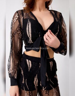 Bralet Sütyen Transparan Gömlek Ve Pantolon Takım Siyah