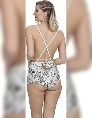 Desenli Derin Yakalı Şort Tulum Beyaz