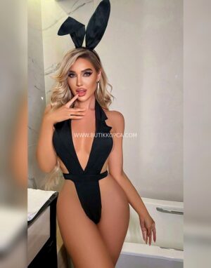Boyundan Bağlamalı Tavşan Temalı Body Siyah