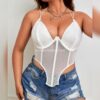 İnce Askılı Göğüs Dekolteli Tül Body Beyaz