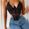İnce Askılı Göğüs Dekolteli Tül Body Siyah