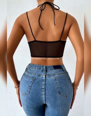 İnce Askılı Göğüs Dekolteli Tül Body Siyah