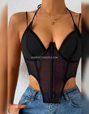 İnce Askılı Göğüs Dekolteli Tül Body Siyah