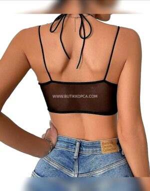 İnce Askılı Göğüs Dekolteli Tül Body Siyah