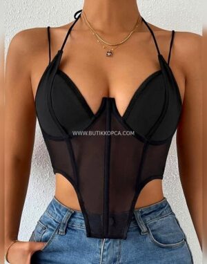 İnce Askılı Göğüs Dekolteli Tül Body Siyah