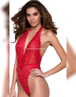 Boyundan Bağlamalı Dantelli Body Kırmızı