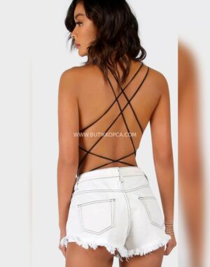 İpli Sırt Dekolteli Fantezi Body Siyah