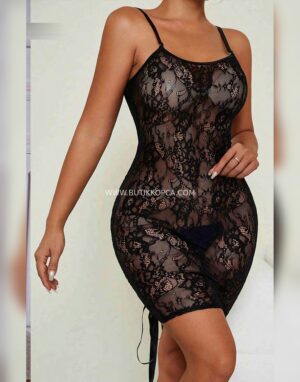 Yanları İpli Dantelli Mini Elbise Siyah